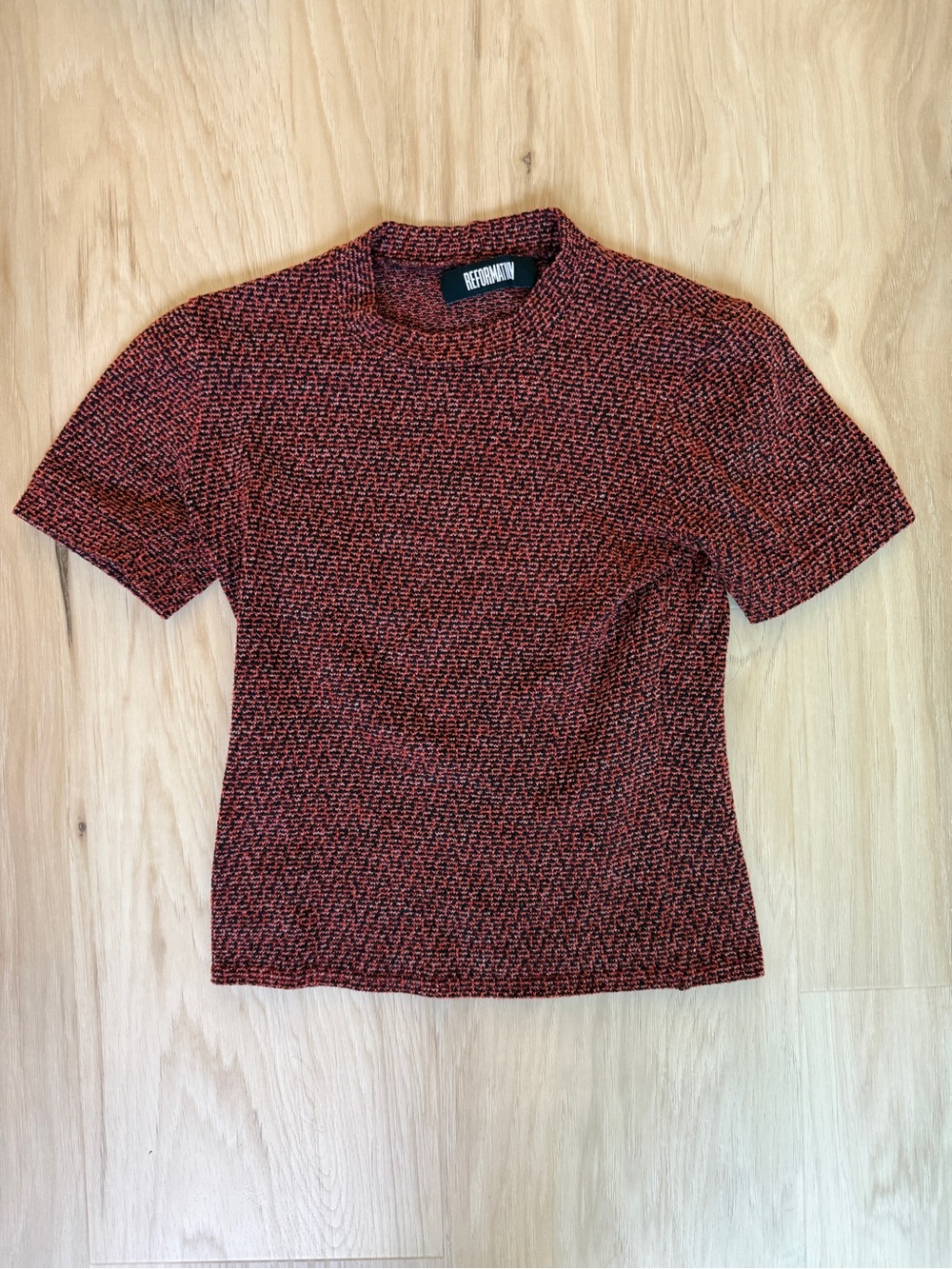 Reformation Zig Zag Textured Short Sleeve Knit Mock neck Top